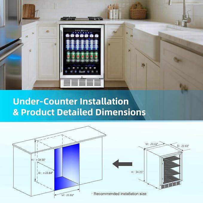 24 Inch Beverage Refrigerator, 180 Cans Built-in Beverage Cooler with Glass Door, Under Counter or Freestanding Drink Fridge with LED Light & Adjustable Shelves For Home Bar Office - Silver - Image 7