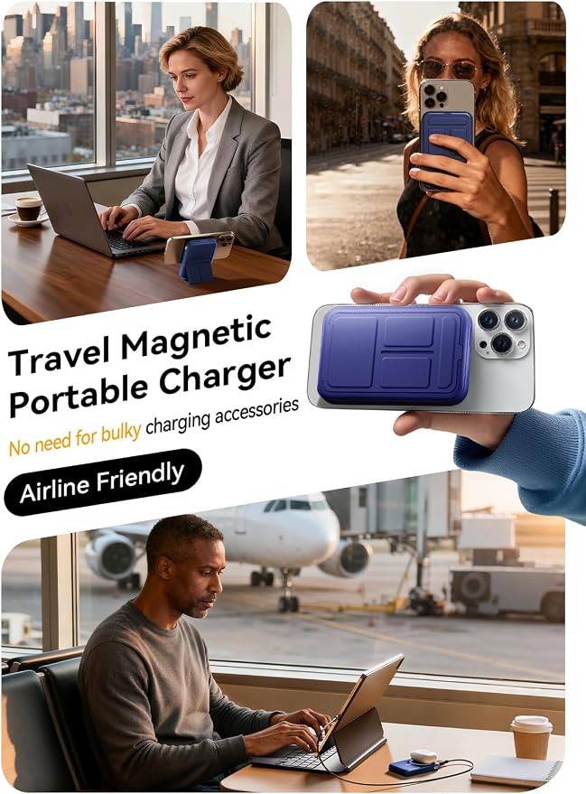Magnetic Power Bank, 10000mAh Wireless Portable Charger with 20W USB-C Fast Charging, Foldable Stand & LED Display Battery Pack, Compatible with iPhone 16/15/14/13, Dark Blue - Image 7