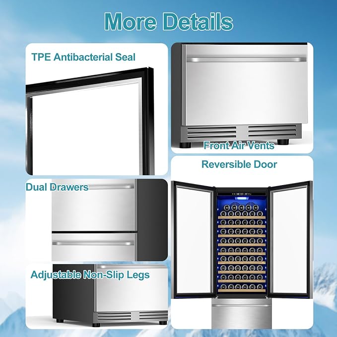 Wine and Beverage Refrigerator, 24'' Dual Zone Wine Fridge with Dual Drawers, Holds 160 Cans and 120 Bottles, Reversible Door, Built-In or Freestanding, Beverage Fridge for Home or Commercial - Image 9