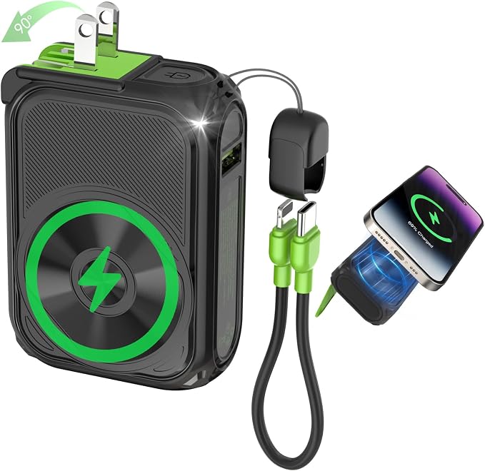 SEANCHEER P05 Portable Charger, Magnetic Power Bank, Small Wireless PowerBank,Emergency Battery Pack 10000mAh Travel Essentials Fast Charging with Built in Cable, Wall Plug for iPhone,Samsung,Andriod by SEANCHEER