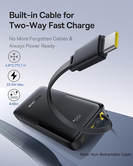 Baseus Portable Charger, 10000mAh Fast Charging Power Bank, 22.5W PD3.0 QC3.0 Battery Pack Built-in USB C Braided Cable, Travel Essentials for iPhone 17 16 15, iPad, S25/S24, Indoor/Outdoor - Image 2