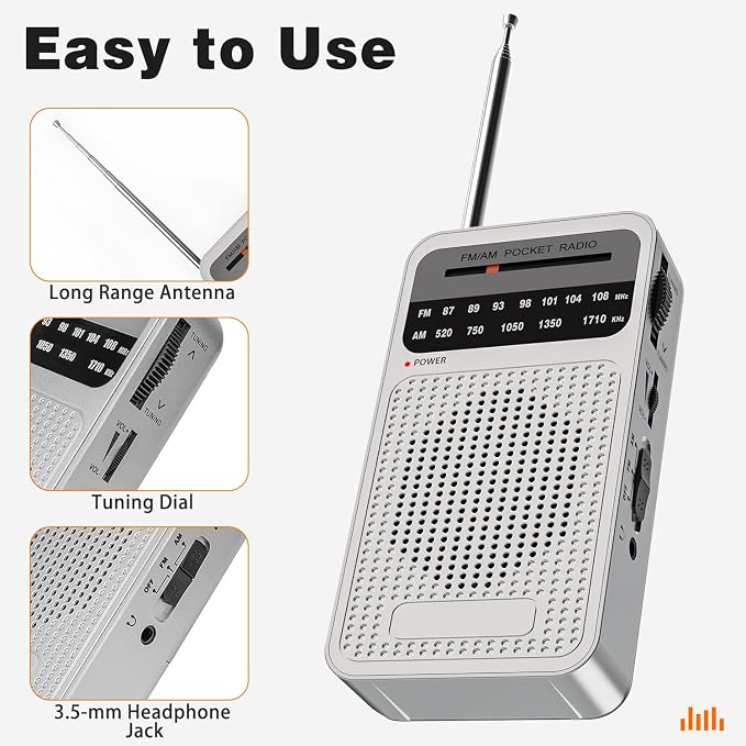 Portable Radio AM FM with Long Range Reception, Goodes Transistor Radio with Loud Speaker, Headphone Jack, 2AA Battery Operated for Indoor, Outdoor and Emergency Use - Silver - Image 4