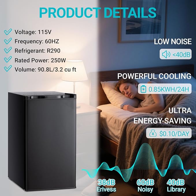 3.2 Cu.Ft Mini Fridge with Freezer, Single Door Small Refrigerator, Dorm Fridge with 7 Adjustable Thermostat, Energy Saving, Low Noise, Compact Refrigerator for Office, Bedroom, Dorm, Black - Image 7