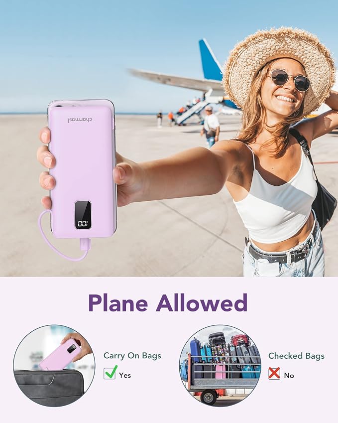 charmast Portable Charger with Built-in Cables & Wall Plug, 10000mAh Portable Power Bank, External Battery Pack Travel Essentials Compatible with iPhone 16/15/14/13, Samsung, iPad etc - Image 8