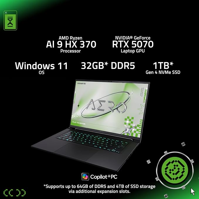 GIGABYTE AERO X16, Copilot+ PC - 165Hz 2560x1600 WQXGA - Manufactured by NVIDIA GeForce RTX 5070 - AMD Ryzen AI 9 HX 370-1TB SSD with 32GB DDR5 RAM - Windows 11 Home - Lunar White - 2WHA3USC64DH - Image 2