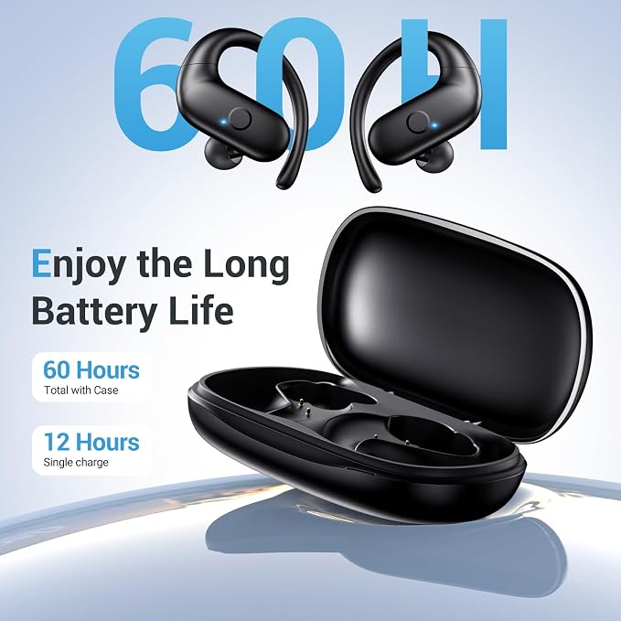 Sport Wireless Earbuds,60Hrs BT5.4 ENC IPX7 Waterproof Earhooks Deep Bass | 14.2mm drivers deliver rich stereo sound. Soft silicone ensures a secure, painless fit for long workouts. - Image 7