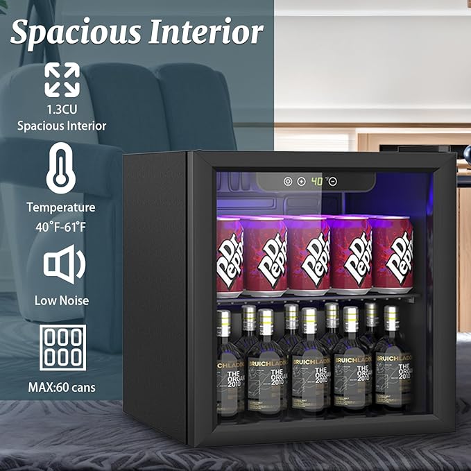 DOGHLY 1.3 Cu.ft Mini Fridge Glass Door, 60 Cans Beverage Refrigerator | Drink Fridge for Soda Beer Wine, Manual Temperature Control, Removable Shelf, Quiet Beverage Cooler for Office, Dorm, Bar - Image 5