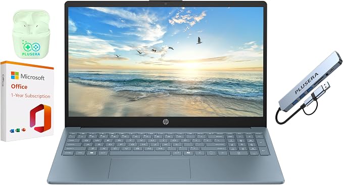 HP 15.6" Business Laptop with 1-Year Microsoft Office 365 with Copliot AI, 8GB RAM 128GB SSD, Quad-Cores Intel Processor, Windows 11, PLUSERA Earphones & 8-in-1 Hub Included, Moonlight Blue by Unknown