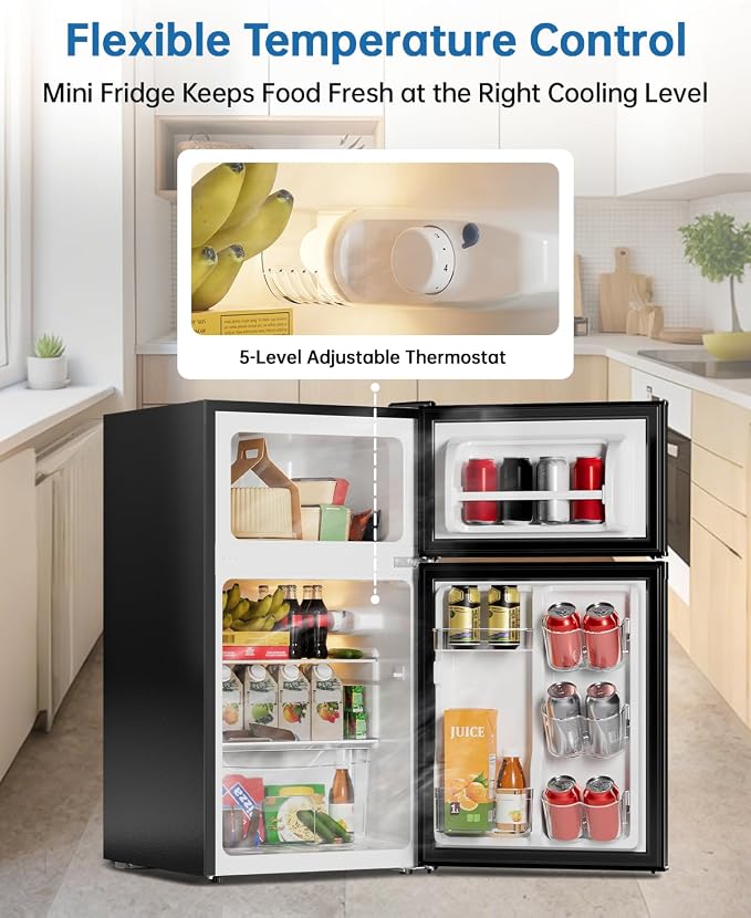 3.2 Cu Ft Mini Fridge with Freezer, Double Door Upright Freezer | Energy Efficient, Glass Shelves, Interior Light, ETL Certified, Compact Small Refrigerator for Bedroom, Office & Dorm, Black - Image 5