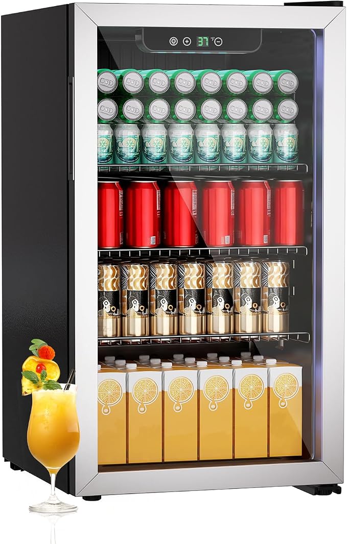 Compact Beverage Refrigerator Cooler, 105 Can/3.0 Cubic Feet Mini Fridge with Glass Front Door, Digital Display Small Refrigerator with Adjustable Shelves for Soda, Beer or Wine by Stopsad
