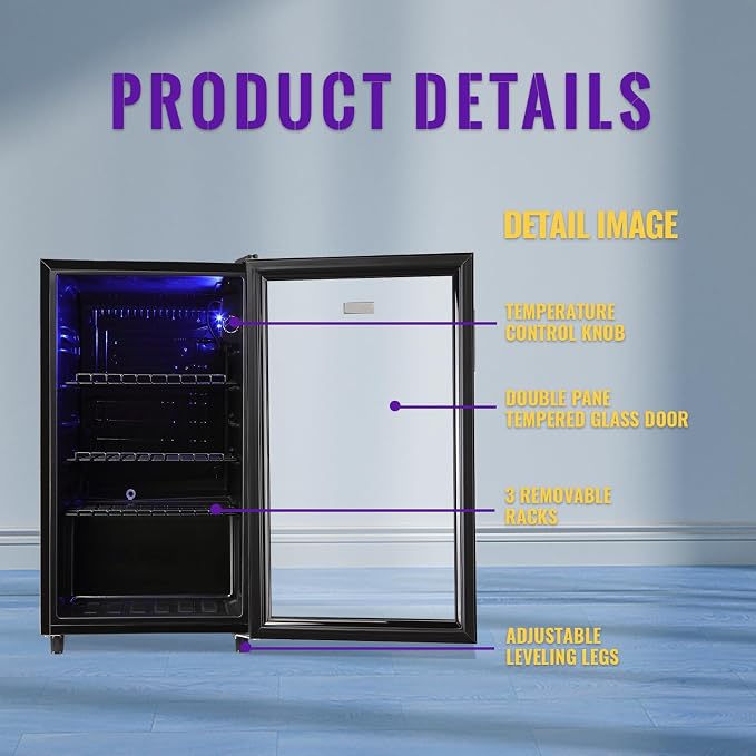 3.5 Cu.ft Beverage Refrigerator Cooler, Mini Fridge with Glass Door for Beer Soda or Water, Small Drink Cooler Machine Clear Front Removable Shelves perfect for Home, Bar, Office - Image 7
