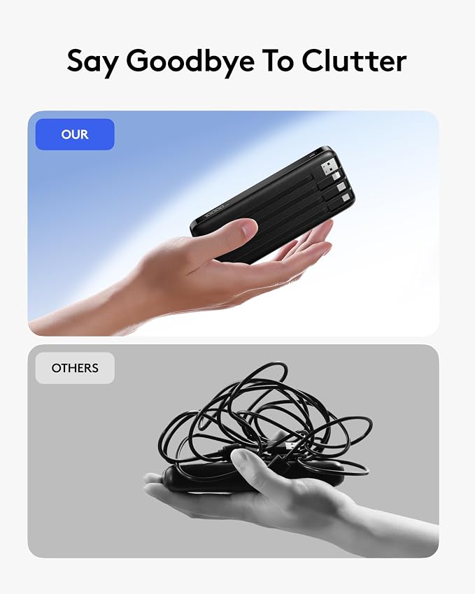 Orfeika Portable Phone Charger, 10000mAh Portable Charger Power Bank with Built-in Cables, Travel Essential Battery Pack Compatible with iPhone, Samsung, Google, iPads, Tablets, etc - Image 3