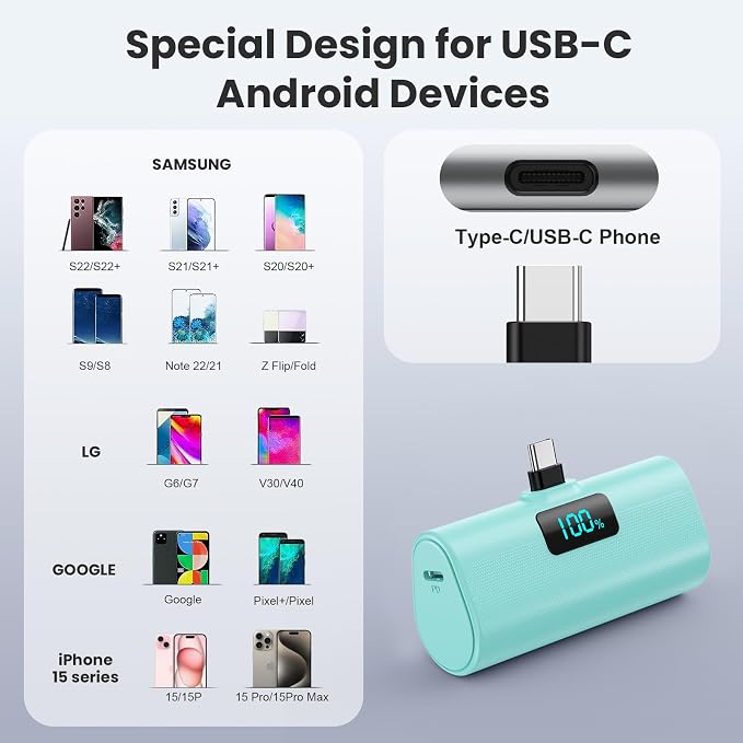 [2-Pack]Small Portable Charger 5200mAh, Upgraded PD USB C Power Bank Built-in USB-C Connector, LCD Display Battery Pack Compatible with iPhone 15/15 Plus/15 Pro/15 Pro Max/Samsung Android(Blue+Green) - Image 5