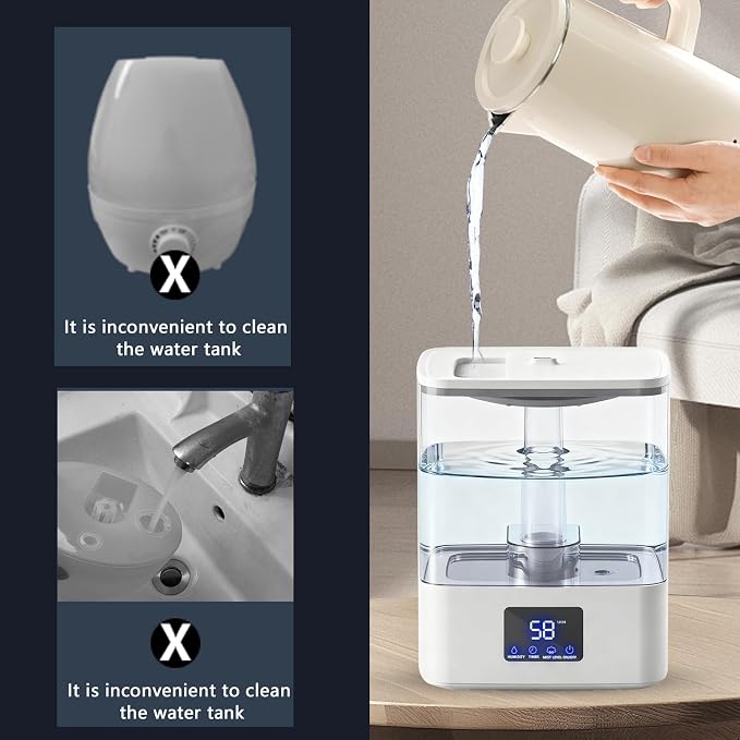 KZF 4L Top Fill Humidifiers for Bedroom & 60H Runtime - Cool Mist Humidifier, 3 Mist Levels, 8H Timer, Essential Oil Tray, Humidity Display, Quiet for Bedroom, Baby, Plants, Large Room (White, 4L) - Image 5