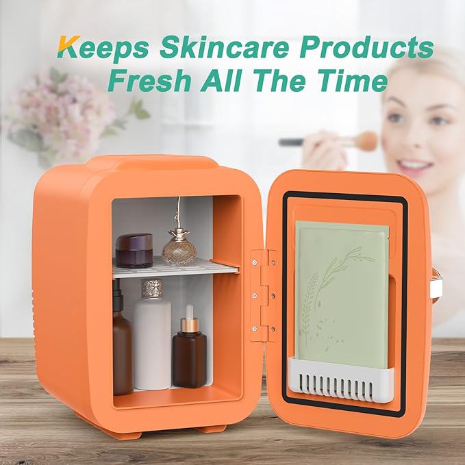 CROWNFUL Mini Fridge, 4 Liter/6 Can Portable Cooler and Warmer Personal Refrigerator for Skin Care, Cosmetics, Beverage, Food,Great for Bedroom, Office, Car, Dorm(Orange) - Image 5