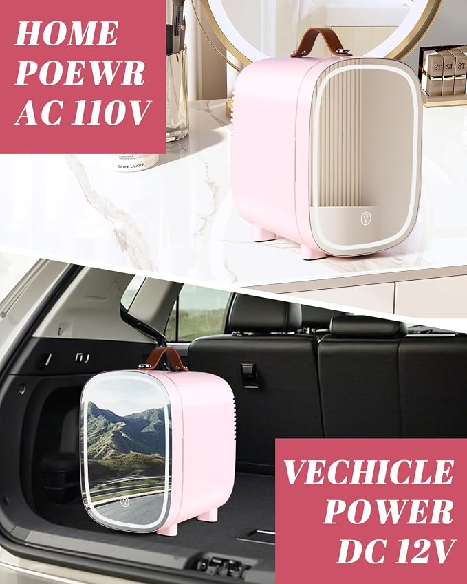 Mini Fridge for Bedroom, 4 Liter/6 Can Skincare Fridge With LED Mirror & Leather Carrying Handle,12v AC/DC Cooler & Warmer Portable Small Refrigerator for Drinks, Makeup, Dorm, Office and Car(Pink) - Image 6
