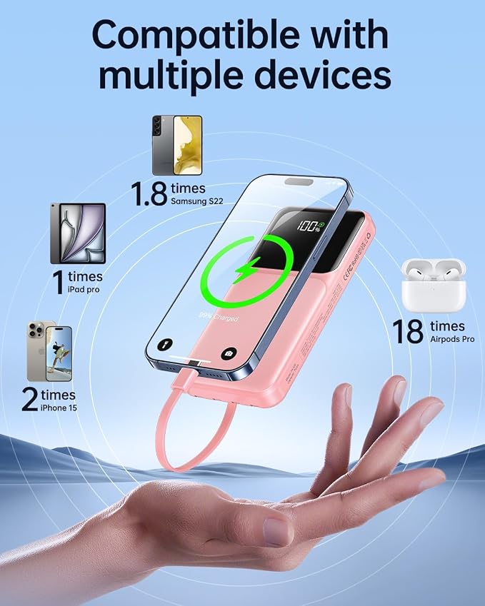 RONEGN Portable Charger with Built in Cable - Power Bank Fast Charging USB C LED Display 10000mah Battery Pack 5 Outputs & 3 Inputs for Travel Essentials iPhone Samsung Android Phones Tablets Pink - Image 3