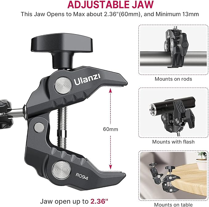 ULANZI Super Clamp Camera Clamp Mount Monitor 360° Ballhead Magic Arm Double - Image 5