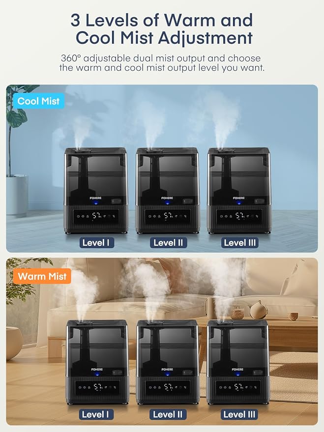 FOHERE Smart Humidifiers for Bedroom, 6L Warm and Cool Mist Quiet Humidifier with 60H Runtime, Humidity Control, Oil Diffuser, Sleep Mode, 12H Timer, Light, Top Fill Ultrasonic for Home Baby Plant - Image 7