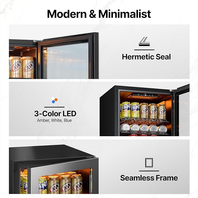 Ca'Lefort 105 Cans Mini Fridge, Beverage Refrigerator Cooler for Drink/Beer | 3.1 Cu.ft, Low-noise, Reversible Glass Door, 3-Color LED Lighting, Adjustable Shelves, 34℉ to 54℉ - Image 7