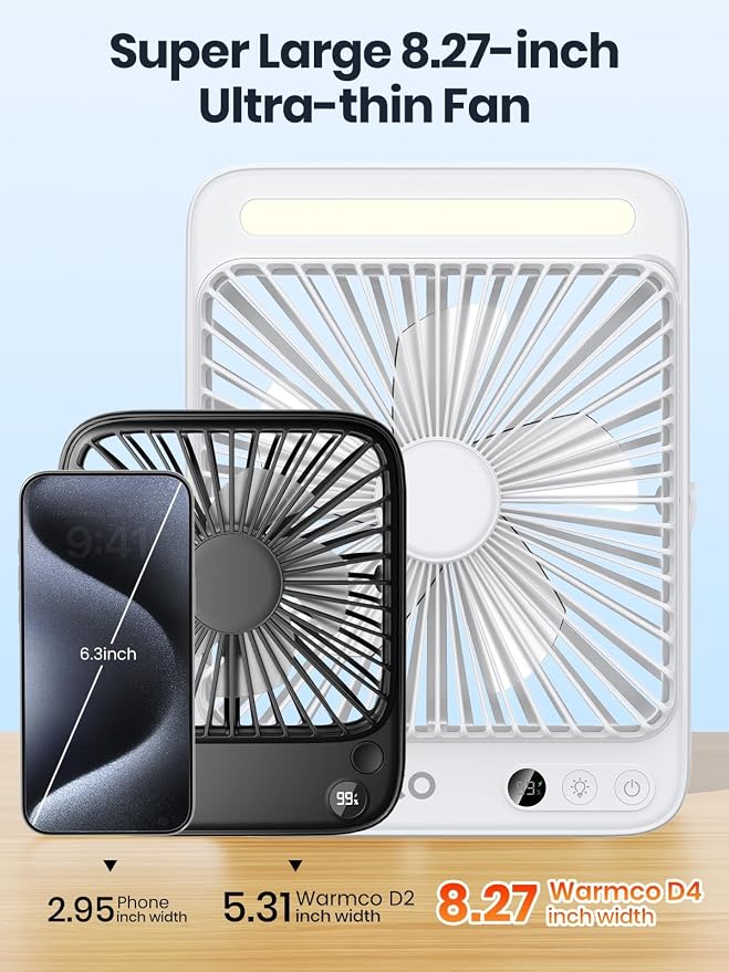Warmco 20000mAh Battery Powered Fan, Ultra-Slim 8-Inch Portable Camping Fan with LED Lantern, Up to 48H Runtime Rechargeable Desk Fan for Bedroom, Outdoor, Tent, Travel, Cruise Ship Essentials - Image 4