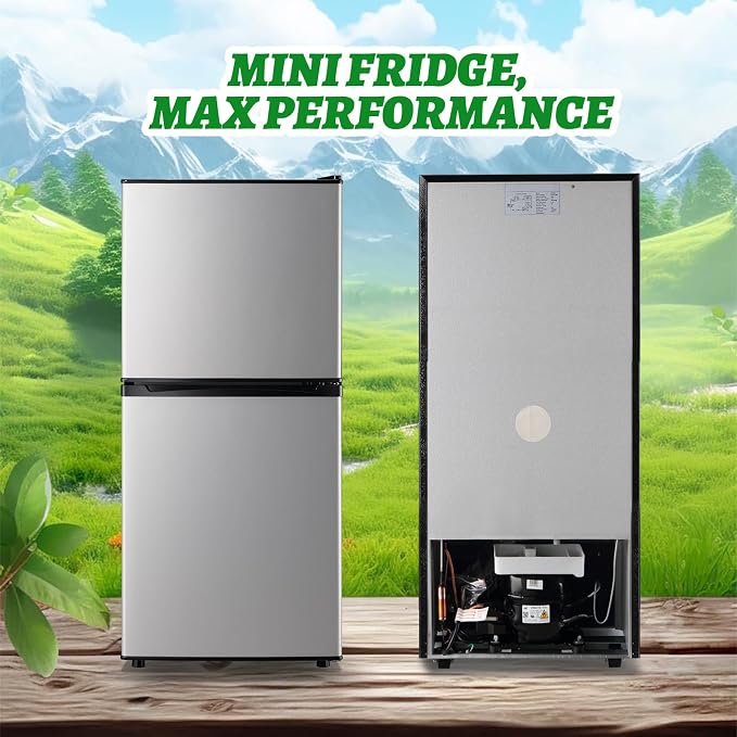 DEMULELR 3.9Cu.ft Refrigerator with Freezer Black Two Door Fridge with Crisper Drawer & Extra Drink Space, LED Light, Full-Size Fridge for Dorm Office 17.5"D x 17"W x 40"H，Silver - Image 3