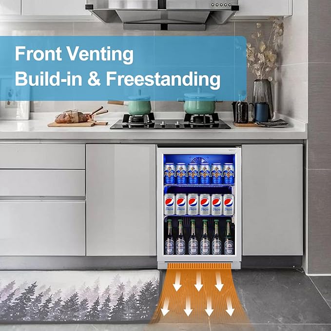 Weili 20" Under Counter Beverage Refrigerator with Reversible Glass Door | Built-in/Freestanding, 3.2 Cu.Ft, Stainless Steel, Adjustable Shelves, Beer Soda Drink Fridge, for Home Bar Office Kitchen - Image 4
