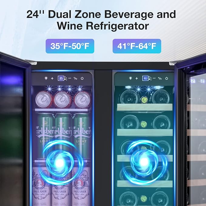 Wine and Beverage Refrigerator, 24 Inch Dual Zone Wine Beverage Cooler, Holds 20 Bottles and 88 Cans, Built-In and Freestanding, Seamless Glass Door, Under Counter Beer Wine Refrigerator - Image 3