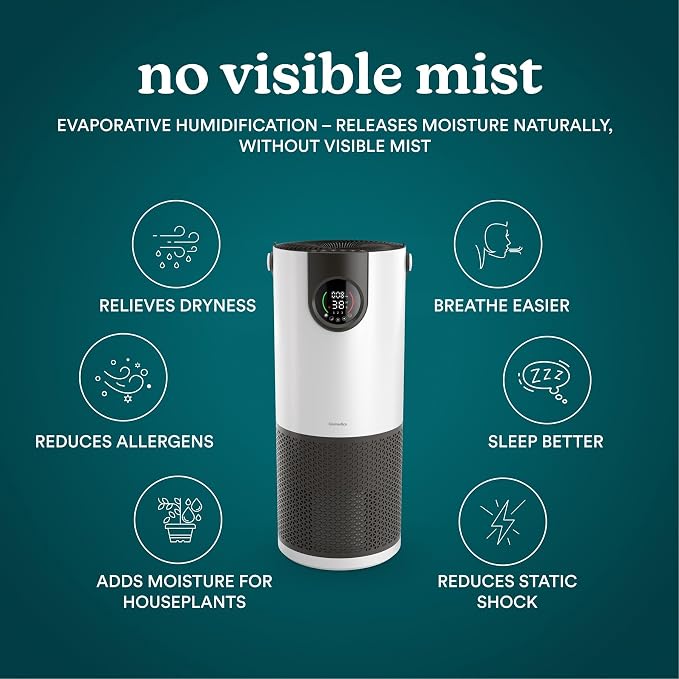 Homedics 2-in-1 Air Purifier & Evaporative Humidifier for Large Rooms HEPA Air Cleaner, Filtered Humidification, Digital Air Quality Sensor, Auto Mode, Tower Design for Home, No Visible Mist - Image 3