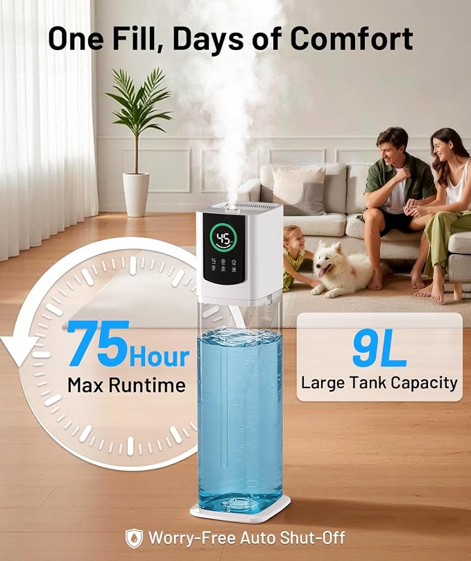 AreShark 2.4 Gal/9L Humidifier for Bedroom, Large Room 500ft², Cool Mist Air Humidifiers with 75H Runtime, Humidity Setting, Easy to Clean, Top Fill, 30dB Quiet, for Plants, Adults, Nursery, Kids - Image 2