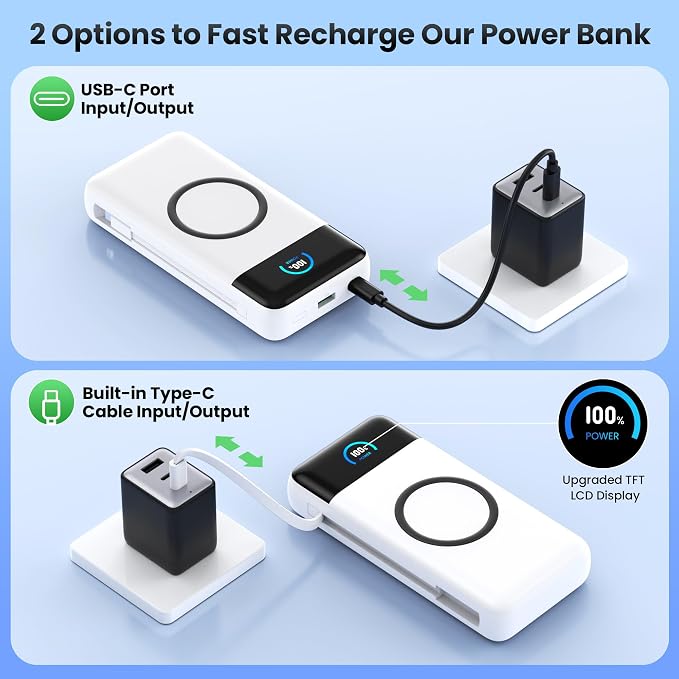 YHO Wireless Portable Charger 40800mAh for iPhone with Built-in Cables, 15W Wireless Charging USB C Power Bank,25W PD Fast Charging Travel Essential Battery Pack for iPhone 17/16/15,Android-White - Image 4