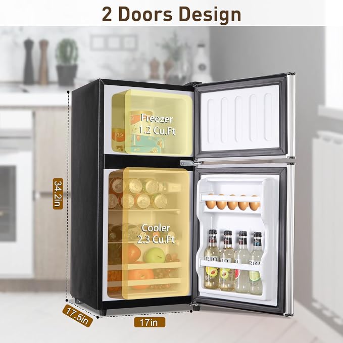 Mini Refrigerator with Freezer 3.5 Cu. Ft. Small Fridge with Freezer Silver | 2 Door Mini Fridge with 7-Level Adjustable Thermostat Removable Shelves, Compact Refrigerator for Office/Dorm/College/RV - Image 3