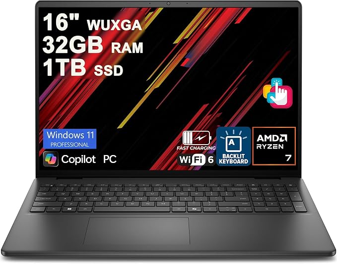 Dell 16 Laptop 16" WUXGA Touchscreen AMD 8-core Ryzen 7 250 32GB RAM 1TB SSD Backlit ExpressCharge Wi-Fi6 for Creator Designer Business Professional Work Win11Pro by Dell