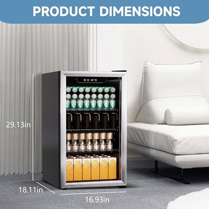 105 Can Mini Fridge, 3.0 Cu.Ft Beverage Refrigerator Glass Door | Compact Drink Fridge with Reversible Door for Soda Wine Beer, Small Cooler for Home Office Bar, Black(37-61 ℉) - Image 2