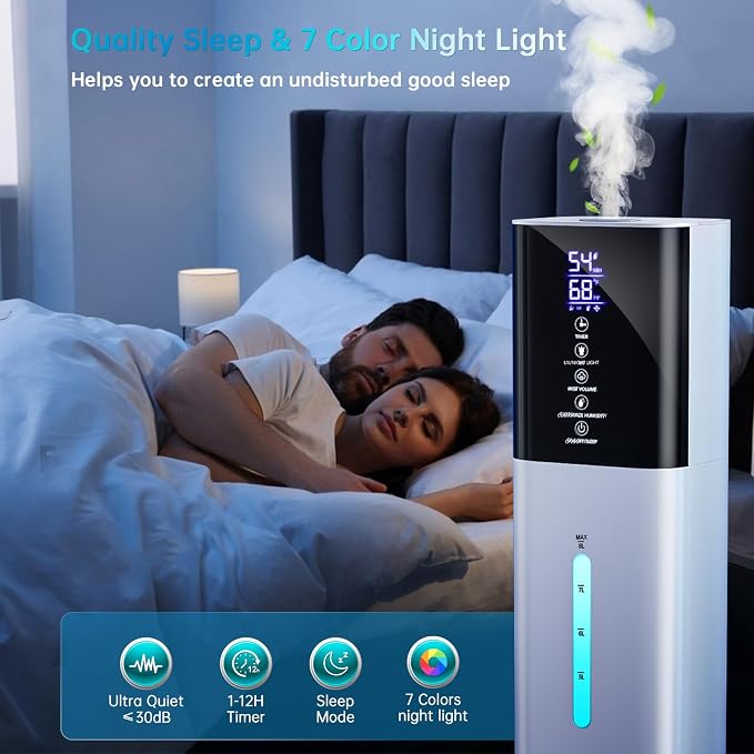 Humidifiers Large Room Bedroom with 7 Colors Light,Honovos 8L 2.1Gal Quiet Ultrasonic Cool Mist Topfill Humidifier with 360° Nozzle 3 Speed Humidistat Essential Oil Tray for Baby Home Plant Yoga Sleep - Image 6