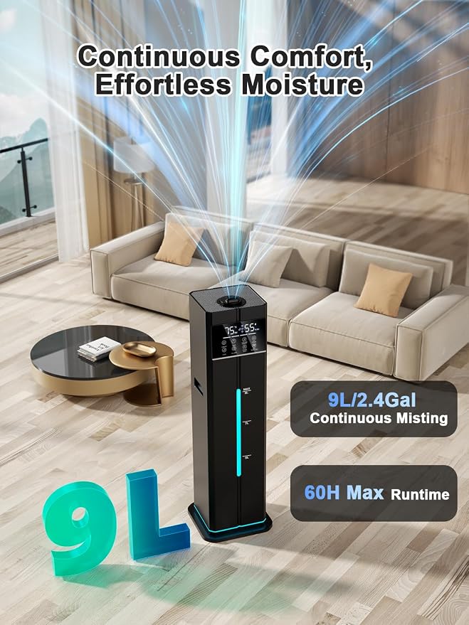 9L/2.4Gal Smart Cool Mist Humidifier, Top Fill Quiet Humidifier Large Room, Covers 550ft², App & Remote Control, 60H Runtime, 7 Colors Light, 4 Mist Modes Humidifiers for Bedroom, Office, Black - Image 3