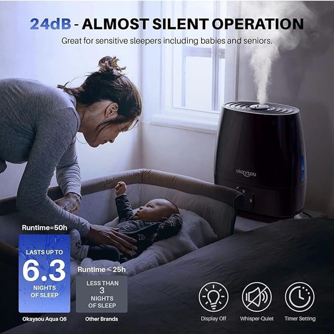 Okaysou Humidifiers, 6L Smart Humidifier and Diffuser for Bedroom Large Room W/Remote Control, Filterless, 50 Hour Top Fill Cool Mist Humidifiers with Humidistat for Babies, Plant, Sleep Mode, Timer - Image 5