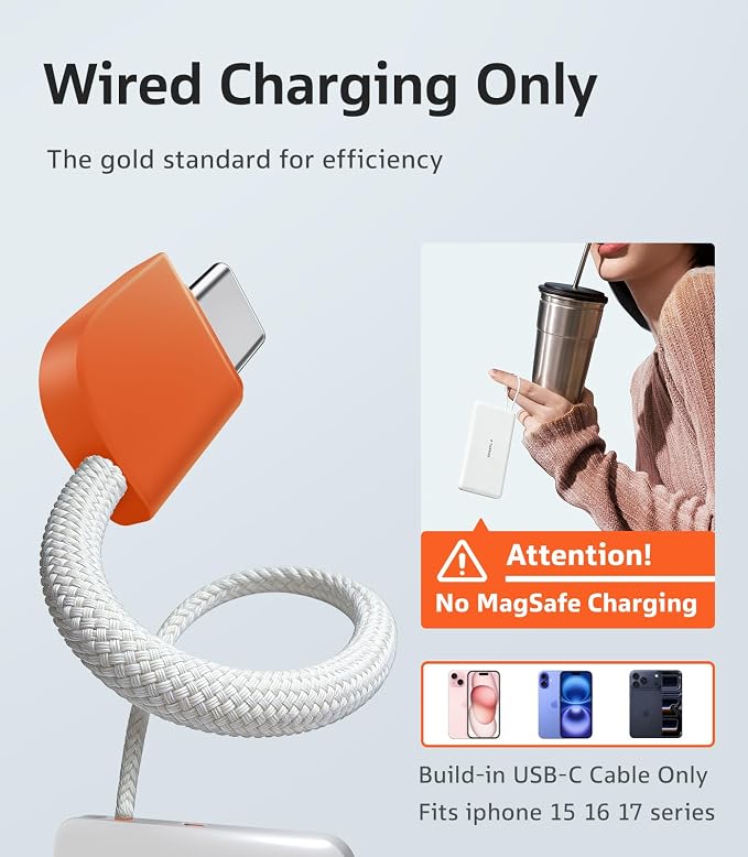 TORRAS Power Bank with Built-in USB-C Cable (No-Wireless), Ultra-Slim 10,000mAh Portable Charger USB C, 22.5W Fast Charging Battery Pack for iPhone 17/16/15 Series, Phone air, Galaxy, Pixel, White - Image 2