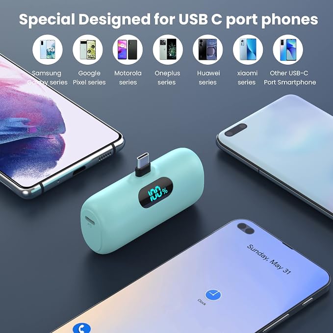 Feob Mini Portable Charger 5000mAh Power Bank,15W PD USB C Cell Phone Portable Power,LCD Display Battery Pack Compatible with iPhone 17/Air/17 Pro/17Pro Max/16/15 Android/Samsung/Moto(Type-C Only) - Image 3
