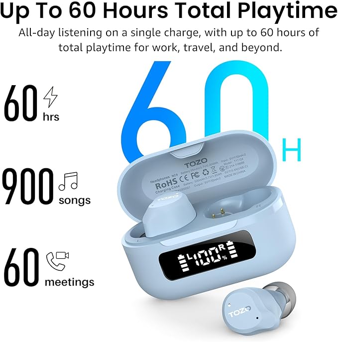 TOZO NC9 Hybrid Active Noise Cancelling Wireless Earbuds, 60H, LED Display | 6 Mic ENC Clear Calls, Deep Bass Sound, IPX8, in Ear Bluetooth 5.3 Headphones,32 EQs via APP,Comfort Fit Ear Buds,Light Blue - Image 4