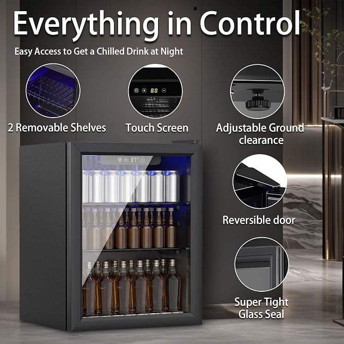 70 Can Mini Fridge, 1.7 Cu.Ft Beverage Refrigerator Glass Door | Compact Drink Fridge with Reversible Door for Soda Wine Beer, Quiet Small Cooler for Home Office Bar, Black (37-61 ℉) - Image 2