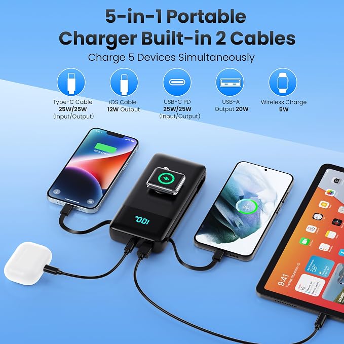 AONIMI Portable Charger 40800mAh Power Bank with 2 Built in Cables and Apple-Watch Charger, 25W PD Fast Charging USB C Battery Pack, 5 Output 2 Input Phone Charger for iPhone 17/16/15,Android - Image 3
