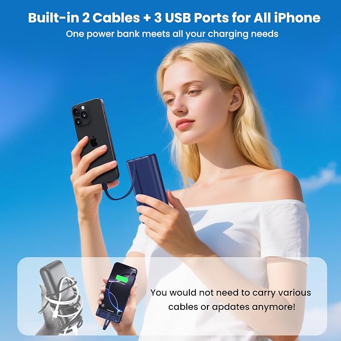 Portable Charger 40,800mAh Power Bank with Built-in Cables,5 USB Output Battery Pack Backup,25W PD Fast Phone Charging Travel Essential Outdoor for iPhone 17/16/15 Pro,Android Galaxy Pixel Nexus-Blue - Image 5