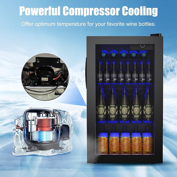 COSTWAY 120 Can Mini Beverage Fridge, Freestanding Beverage Refrigerator Cooler with Glass door, Removable Shelves for Soda Beer Wine, Small Drink Bar Fridge for Home Living Bedroom, 3.2 Cu.Ft | Cooler with Glass door, Removable Shelves for Soda Beer W... - Image 5
