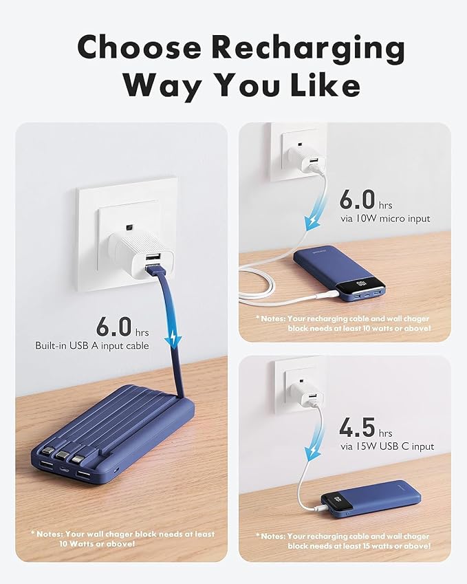charmast Portable Charger with Built in Cables, Power Bank with Cords Wires, Slim 10000mAh Travel Battery Pack 6 Outputs 3 Inputs 3A Fast Charging for Samsung Google Pixel LG Moto iPhone iPad - Image 4