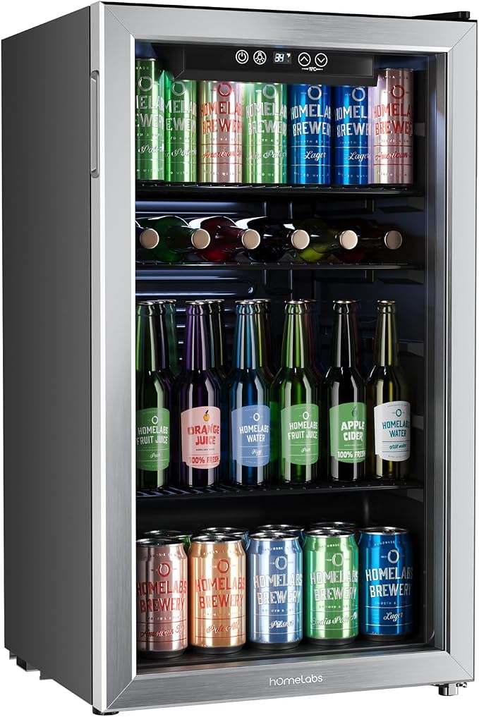 hOmeLabs Beverage Refrigerator and Cooler - Mini Fridge with Glass Door for Soda Beer or Wine - 120 Cans Capacity - Small Drink Dispenser Machine for Office or Bar with Adjustable Removable Shelves by hOmeLabs