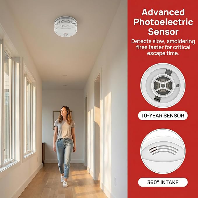 6 Pack Photoelectric Smoke Detector, 10-Year Battery Operated Fire Alarm - Image 4
