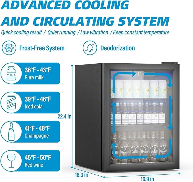Stopasd Beverage Refrigerator Cooler, 1.6 Cu.Ft/70 Can Drink Fridge with Adjustable Shelves & Glass Door for Soda Wine Beer, Quiet Undercounter Small Fridge for Home/Office/Bar/Garage(37°-61℉), Black - Image 4