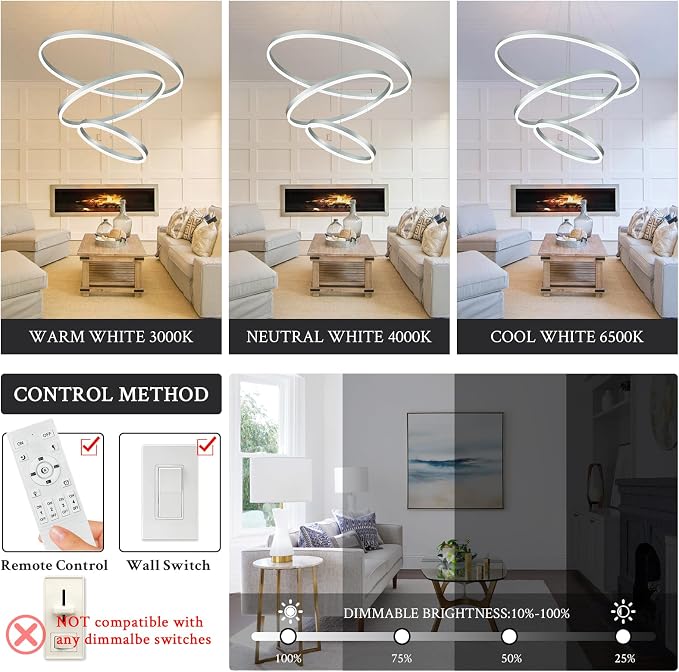 3-Rings Modern LED Chandelier Silver, Dimmable Pendant Lighting - Image 2