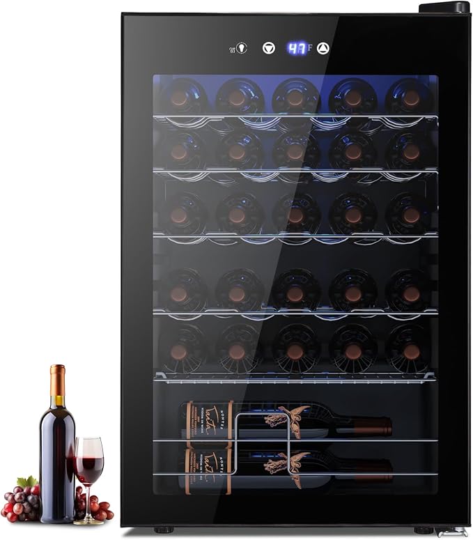 Electactic 37-Bottle Freestanding Wine Cooler Refrigerator, 4.5 Cu. Ft | Removable wave-shaped wire shelves, fan cooling, and sub-38 dB operation help organize bottles with minimal noise. by Electactic